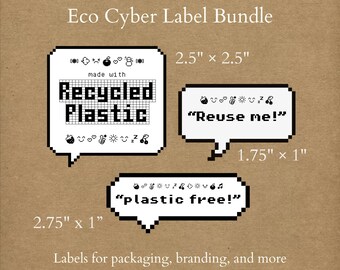 Eco Cyber Label Bundle – 'Made With Recycled Plastic', 'Plastic Free', and 'Reuse Me' – Printable Sticker Sheets