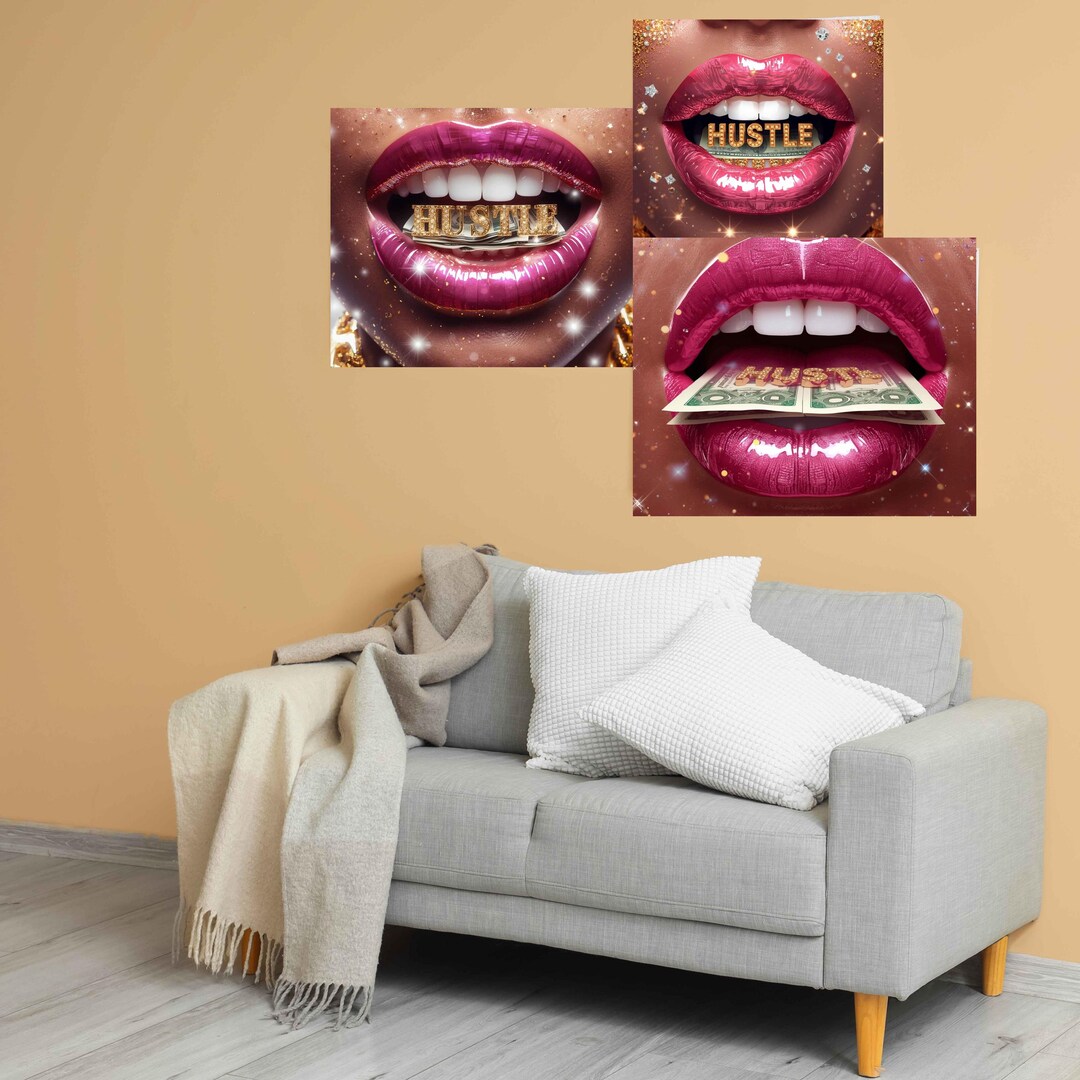Glossy Pink Lips With Gold HUSTLE Grill PNG | Luxury Hip Hop Wall Art ...