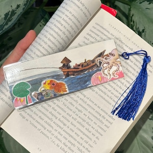 handmade ocean fishing collage bookmark - laminated, waterproof - gifts for booklovers