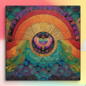 May include: A square canvas art piece featuring a vibrant rainbow design with a heart at the center. The artwork uses a mosaic style with shades of orange, red, green, and blue. The word "RESIST" is visible in the bottom right corner.