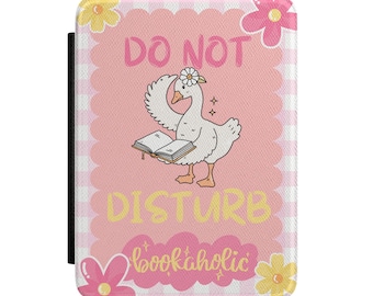 Funda para Kindle con el mensaje "No molestar", color rosa pastel y amarillo.