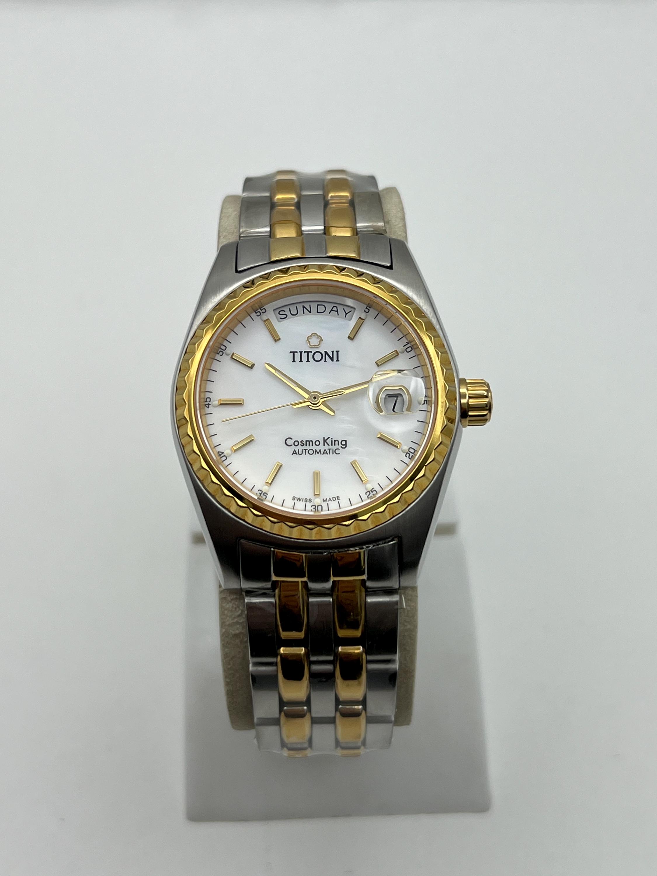 希少 TITONI COSMO KING 自動巻 SWISS AUTOMATIC Titoni Cosmo King Automatic Watch, Diamond Bezel, Day-date, Two