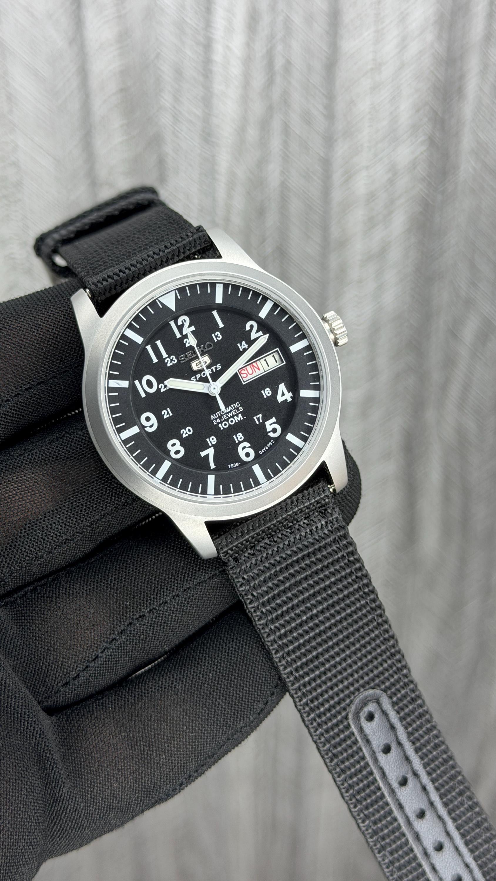 Seiko 5 Automatic Field Watch: Black Dial, Day-date, Nylon Strap
