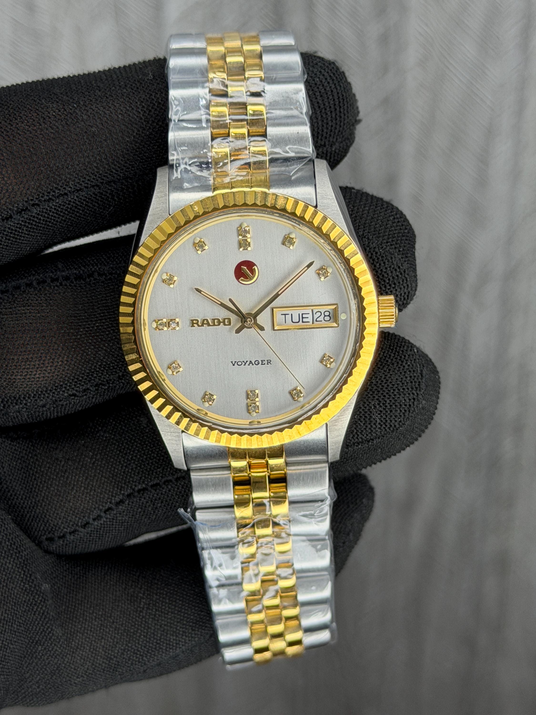 Vintage Rado Voyager Two-tone Automatic Watch: Day-date, Fluted