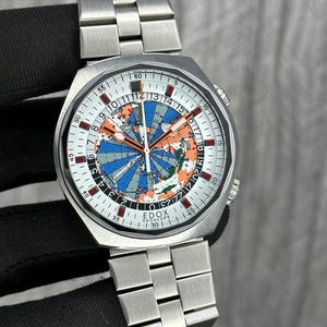 Vintage Edox Geoscope Automatic 21 Jewels World Time Watch Swiss Made World Map Dial Men’s Collector Wristwatch.