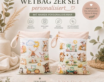 Wetbag 2er Set Bauernhof personalisiert – Baby Kita Nasstasche Tiere mit Name