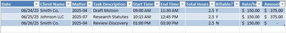 Paralegal Time Tracking Legal Billing & Time Tracking Spreadsheet | Excel Template for ...