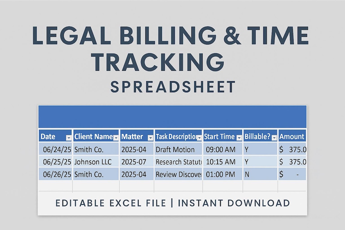 Legal Billing & Time Tracking Spreadsheet Excel Template for