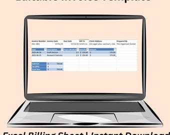 May include: A laptop displaying an editable invoice template. The screen shows a billing sheet with fields for invoice number, date, description, and amount. Text at the top reads "Editable Invoice Template". The bottom text says "Excel Billing Sheet | Instant Download".