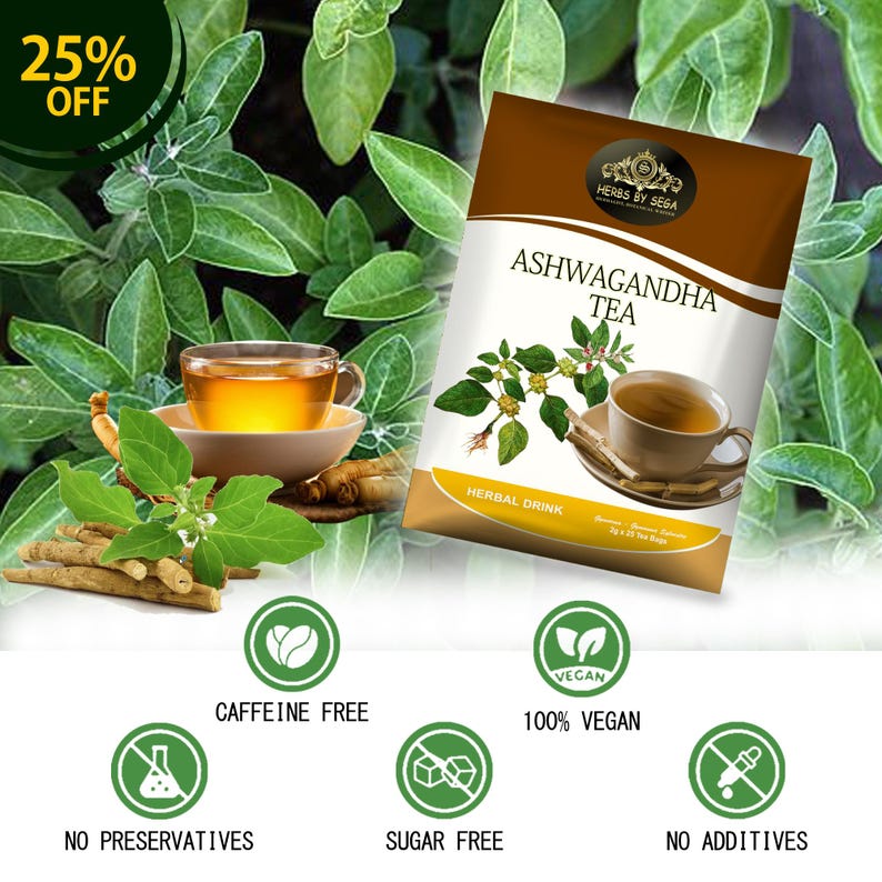 May include: A package of Ashwagandha Tea with a cup of tea and fresh leaves. The package is brown and white with the text "ASHWAGANDHA TEA" and "HERBAL DRINK". The image also includes text that says "CAFFEINE FREE", "100% VEGAN", "NO PRESERVATIVES", "SUGAR FREE", and "NO ADDITIVES".