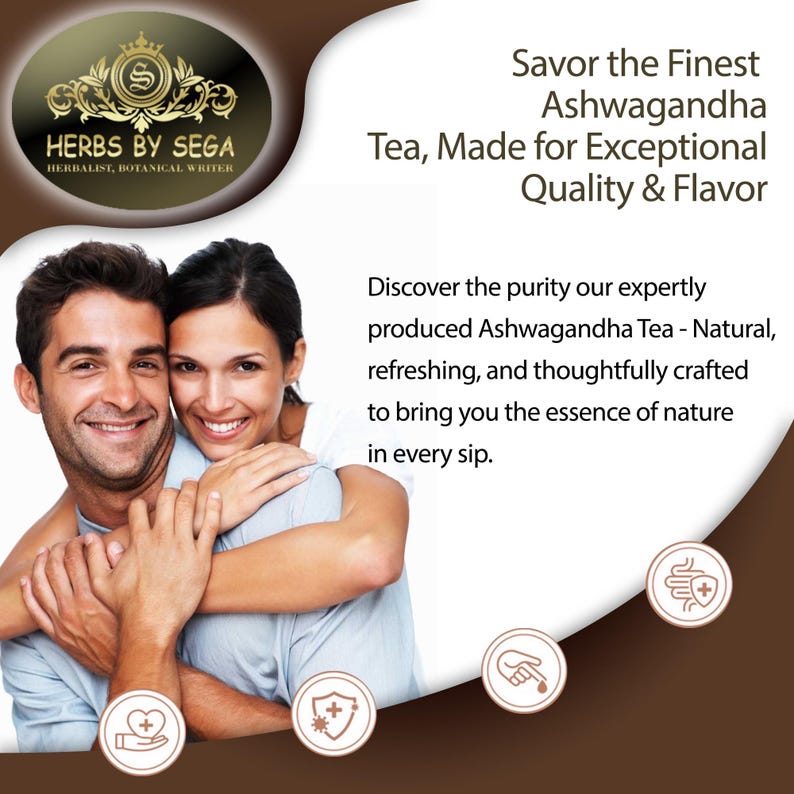 Puede incluir: Imagen promocionando t&eacute; de Ashwagandha, con una pareja sonriendo. El texto dice: "Saborea el mejor t&eacute; de Ashwagandha, hecho para una calidad y sabor excepcionales". Tambi&eacute;n se muestra el logotipo de la marca.