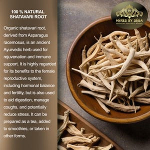 May include: A wooden bowl filled with dried shatavari root, a natural Ayurvedic herb. The image includes text that reads "100% NATURAL SHATAVARI ROOT" and describes the herb's benefits for rejuvenation and immune support.