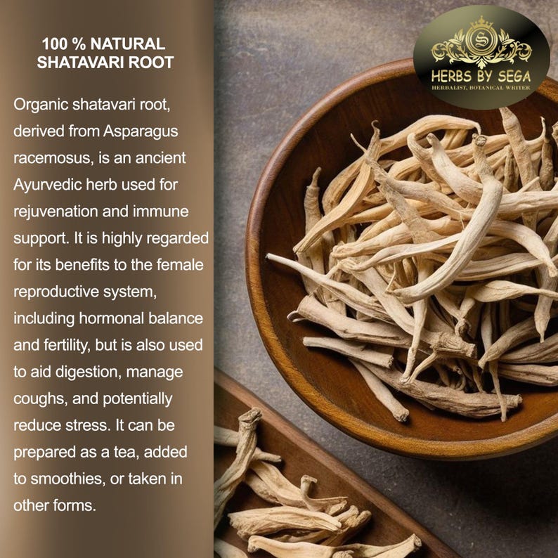 May include: A wooden bowl filled with dried shatavari root, a natural Ayurvedic herb. The image includes text that reads "100% NATURAL SHATAVARI ROOT" and describes the herb's benefits for rejuvenation and immune support.