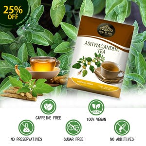 Puede incluir: Imagen de t&eacute; de Ashwagandha con un paquete, una taza de t&eacute; y hojas frescas. El paquete dice "Ashwagandha Tea" y "Herbal Drink". El texto adicional incluye "Sin cafe&iacute;na", "100% vegano", "Sin conservantes", "Sin az&uacute;car" y "Sin aditivos".