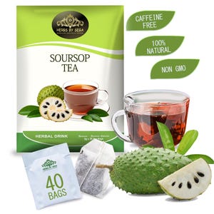 Puede incluir: Imagen de té de guanábana, con un paquete, una taza de té, fruta de guanábana y bolsitas de té. El paquete dice "Soursop Tea" y "Herbal Drink". Etiquetas adicionales indican "Sin cafeína", "100% natural" y "Sin OGM".