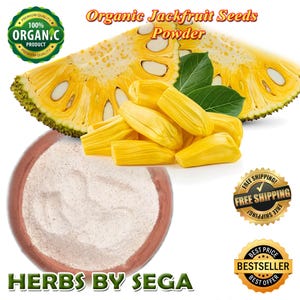 May include: An image showcasing organic jackfruit seeds powder and fresh jackfruit. The image includes a bowl of white powder, cut jackfruit pieces, and whole jackfruit segments. The text "Organic Jackfruit Seeds Powder" is displayed.