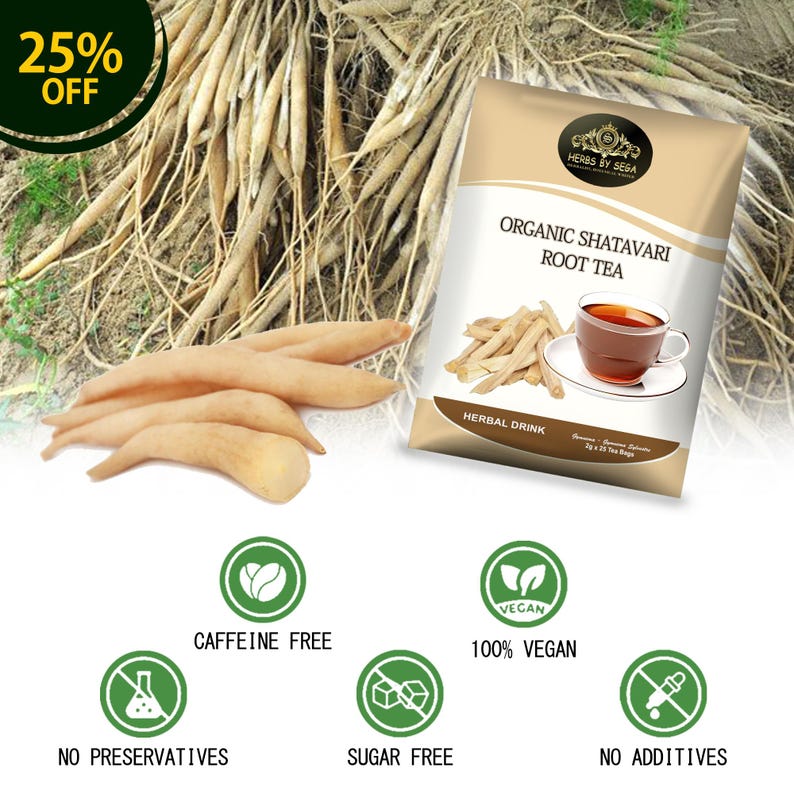 May include: A package of "Organic Shatavari Root Tea" with a cup of tea on the front. The package is tan and white with the text "Herbs by Sesa". The image also shows the root of the Shatavari plant and icons indicating the tea is caffeine-free, vegan, and contains no preservatives, sugar, or additives.
