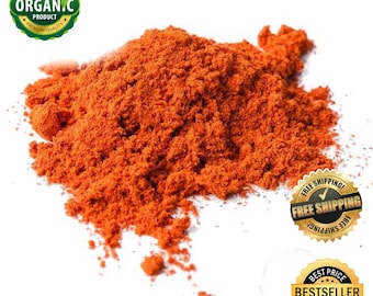 May include: A mound of finely ground, bright red sandalwood powder. The image features the text "Pure Red Sandalwood Powder", "100% Organic Product", and "Herbs by Sega". Gold seals read "Free Shipping" and "Best Price Bestseller Best Offer".