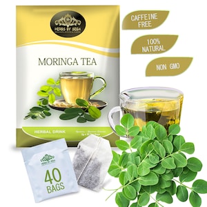 May include: Image of Moringa tea packaging, a cup of tea, tea bags, and fresh green moringa leaves. The packaging reads "MORINGA TEA", "HERBAL DRINK", and "40 BAGS". Additional labels state "CAFFEINE FREE", "100% NATURAL", and "NON GMO".