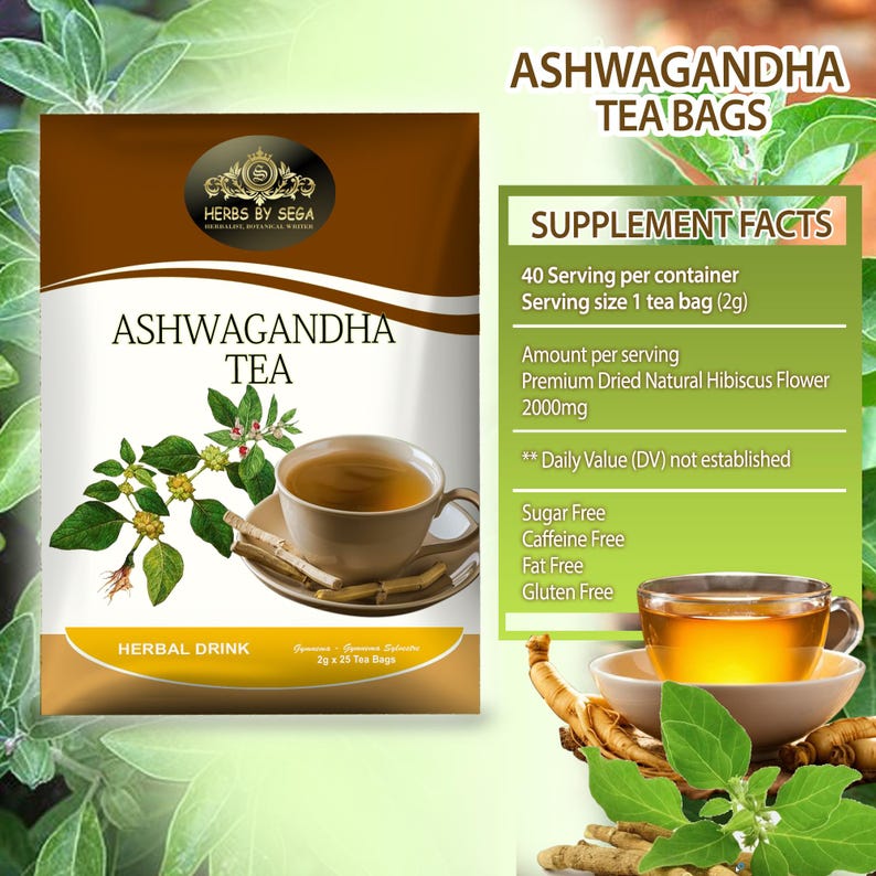May include: A package of Ashwagandha tea bags with a cup of tea and supplement facts. The package is brown and white with the text "Ashwagandha Tea" and "Herbs by Sega". The tea cup is beige and contains a golden-brown liquid. The supplement facts include serving size and ingredients.