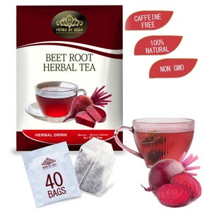 May include: Beet root herbal tea with a cup of tea, a teabag, and a package of 40 tea bags. The package reads "HERBS BY SEGA" and "BEET ROOT HERBAL TEA". The image also includes text that reads "CAFFEINE FREE", "100% NATURAL", and "NON GMO".