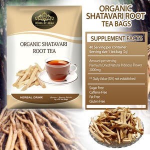 May include: A package of organic Shatavari root tea bags with a cup of tea and dried roots. The package features the text "Organic Shatavari Root Tea" and "Herbal Drink". The supplement facts are also displayed, including serving size and ingredients.