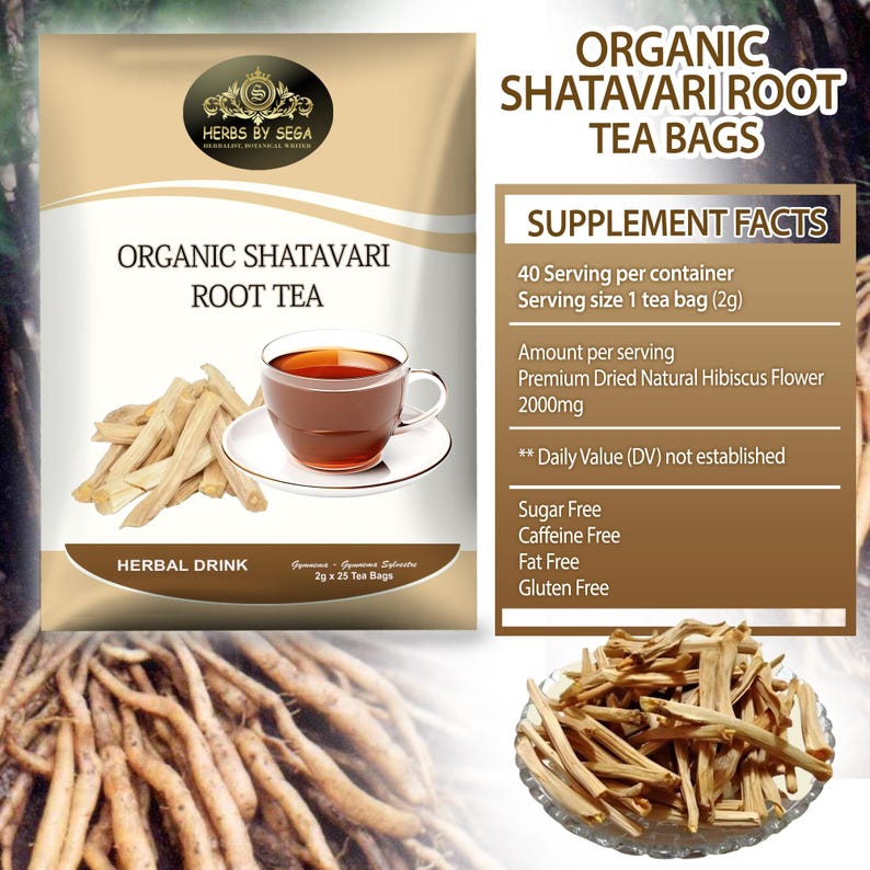 May include: A package of organic Shatavari root tea bags with a cup of tea and dried roots. The package features the text "Organic Shatavari Root Tea" and "Herbal Drink". The supplement facts are also displayed, including serving size and ingredients.