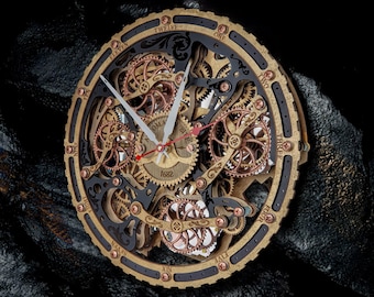 Horloge murale steampunk - Bite 1682 or noir - design industriel vintage avec engrenages - décoration murale unique