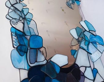 Vitrail fait main, miroir mural floral Tiffany, déco bleu violet, cadeau pour la maison