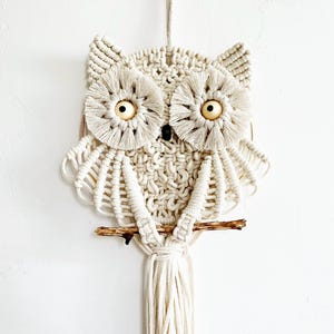 May include: Cream-colored macrame owl wall hanging. The owl features large, fringed eyes with wooden bead centers, a small black beak, and a textured body. It is perched on a wooden branch and has a long tassel hanging below.