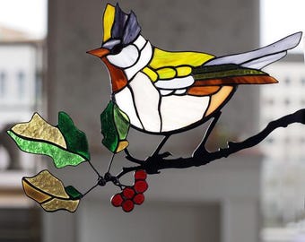 Assortiment de branches de vitrail Tiffany fixé au mur, feuilles, fleurs, oiseaux, fait main