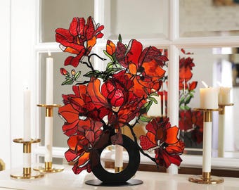 Vitrail Tiffany Pivoines rouges sur support en fer pour cadeau pour la maison