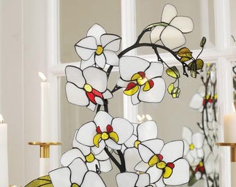 Orchidée Blanche Neige, Branche Fer Verticale, Oeuvre D'art Sculpture Fer Verre