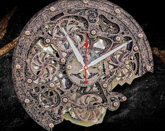 Horloge murale steampunk Bite 1682 vintage cuivre avec engrenages rotatifs | Horloge en bois faite main | Art cinétique unique | Gravure personnalisée