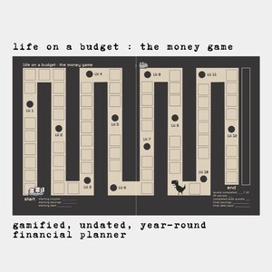 May include: A black and beige financial planner with the text "life on a budget: the money game." The planner features a game board layout with levels and a dinosaur graphic. The text "gamified, undated, year-round financial planner" is also visible.