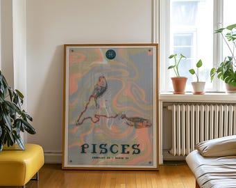 May include: A framed Pisces zodiac art print. The artwork features a swirling pastel background with two fish illustrations and the word "PISCES" in a vintage font. The print includes the dates "February 20 - March 20".