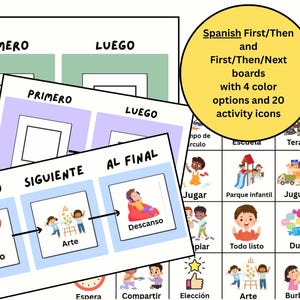 May include: Educational visual aids featuring "First/Then/Next" boards in Spanish. The image shows multiple cards with colorful illustrations and text, including activity icons and the words "Primero," "Siguiente," and "Al Final."