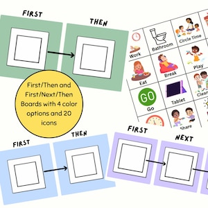 May include: Visual schedule boards with the words "FIRST" and "THEN" in green and blue. The image includes a grid of illustrated icons representing daily activities. Text on the image says "First/Then and First/Next/Then Boards with 4 color options and 20 icons."