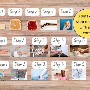 以下が含まれることがあります： 3つの5段階ルーティンを示す教育的な視覚補助。ルーティンは、サンドイッチ作り、手洗い、歯磨きの画像で示されています。画像には「3 sets of 5-step routines with step cards」というテキストが含まれています。
