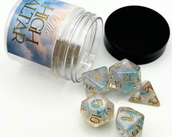 DnD Dice Set - The High Altar | 7pc Blue, Pink, Clear Swirl Resin Polyhedral Dice, DND Accessories, Tabletop Gift