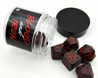 DnD Dice Set – Blood & Iron | 7pc Black and Red Crackled Resin Polyhedral Dice, DND Accessories, Tabletop Gift