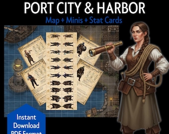 Printable DnD Port Harbor Encounter Kit – Commoners, Guards, NPCs, Battle Map, Minis, Stat Cards, TTRPG, DM Tools (PDF Download)
