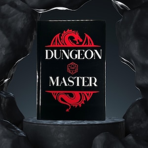 May include: A black book titled "DUNGEON MASTER" with red dragon and geometric designs. The book is on a dark pedestal, with a dark background. The book's cover features the text in white.