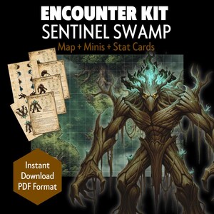 Peut inclure: Kit de rencontre Sentinel Swamp, comprenant une carte de marais, des figurines et des cartes de statistiques. L'image présente une illustration détaillée d'un environnement marécageux et une créature arboricole avec des accents bleus brillants. Le texte indique un téléchargement PDF instantané.