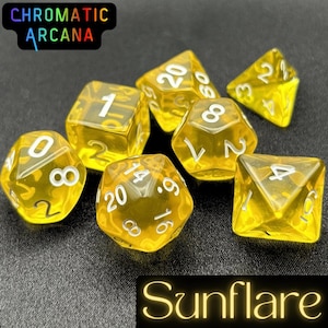 May include: Set of seven yellow Sunflare dice with white numbering. The dice are transparent and have different shapes, including a d4, d6, d8, d10, d12, and d20. The text "CHROMATIC ARCANA" and "Sunflare" are visible.