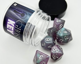DnD Dice Set - Ghost Key | 7pc Purple, Blue, and Silver Galaxy Glitter Resin Polyhedral Dice, DND Accessories, Tabletop Gift