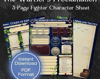 Fighter 5e Character Sheet - The Warrior's Proclamation | Printable & Fillable, DnD, Table Top Games, Instant Download, 3-page PDF