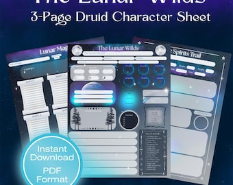 Druid 5e Character Sheet: The Lunar Wilds (Printable & Fillable) DnD, TTRPG, (3 page PDF) Bonus Wildshape Log