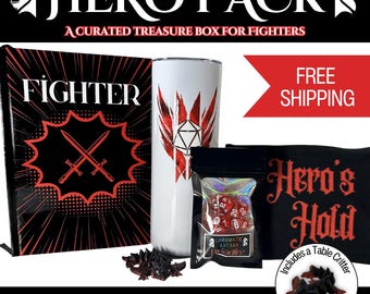 Fighter Hero Pack Gift Set | DnD Fighter Accessories Bundle | Dice, Notebook, Tumbler, Dragon Table Critter | Tabletop RPG Gift