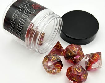 DnD Dice Set - Binding Agreement | 7pc Black, Red, Clear Resin Polyhedral Dice, DND Accessories, Tabletop Gift
